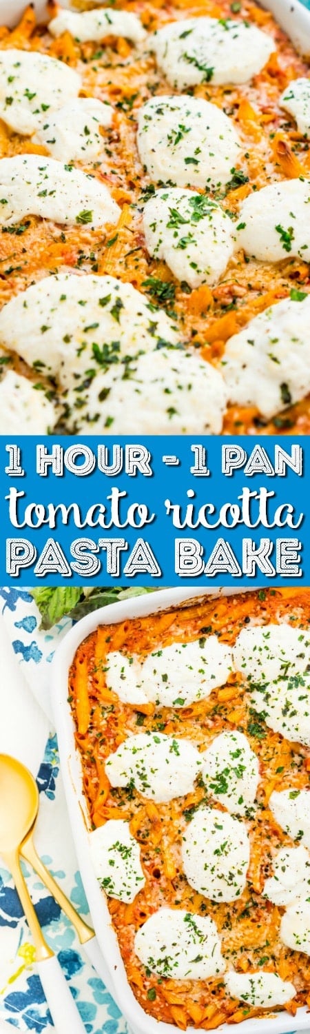 This Ricotta Pasta Bake is an easy vegetarian recipe made in just one pan. Only a 5-minute prep time and an hour of baking stand between you and this delicious dinner that's loaded with tomatoes, garlic, cream, Parmesan, ricotta cheese, and pasta!