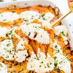 This Ricotta Pasta Bake is an easy vegetarian recipe made in just one pan. Only a 5-minute prep time and an hour of baking stand between you and this delicious dinner that's loaded with tomatoes, garlic, cream, Parmesan, ricotta cheese, and pasta!