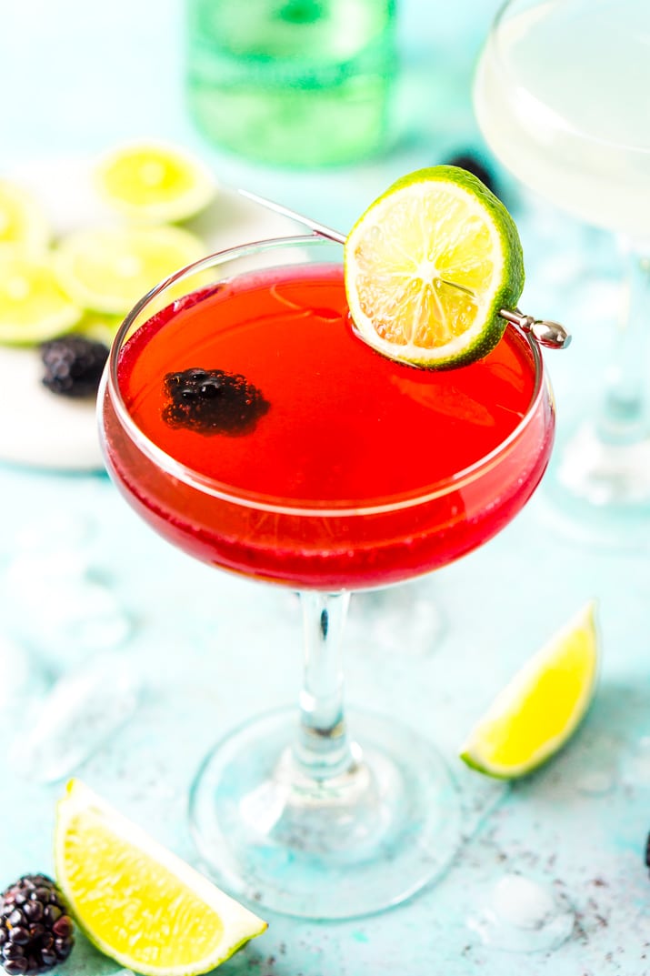 Blackberry gimlet cocktail with lime and blackberry garnish