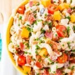 This Chicken Bacon Ranch Pasta Salad is going to be an instant hit at BBQs and picnics this summer! It's loaded with chicken, bacon, cheese, olives, and coated with a delicious ranch dressing.