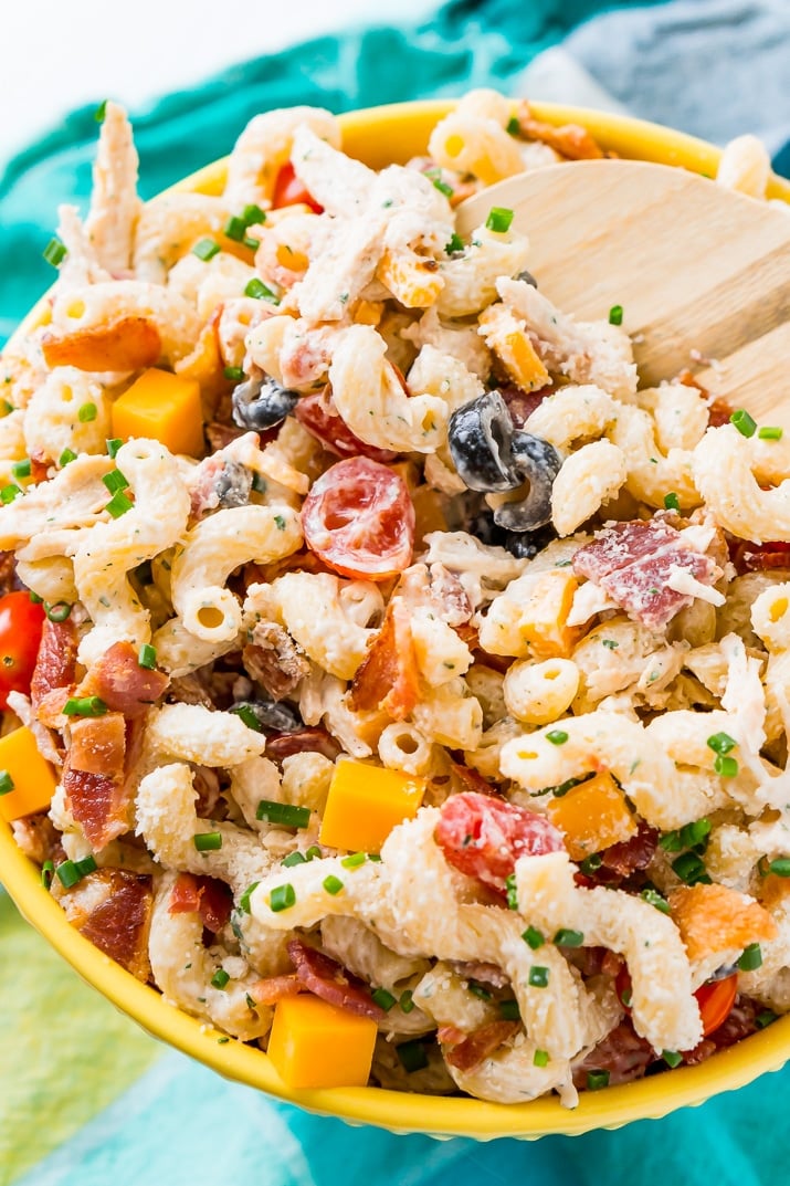 This Chicken Bacon Ranch Pasta Salad is going to be an instant hit at BBQs and picnics this summer! It's loaded with chicken, bacon, cheese, olives, and coated with a delicious ranch dressing.