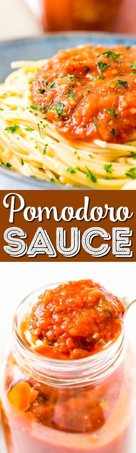 Pomodoro Sauce is a thick and flavorful Italian pasta sauce recipe made with tomatoes, onion, garlic, basil, and red pepper flakes. An easy and delicious homemade sauce the whole family will love! via @sugarandsoulco