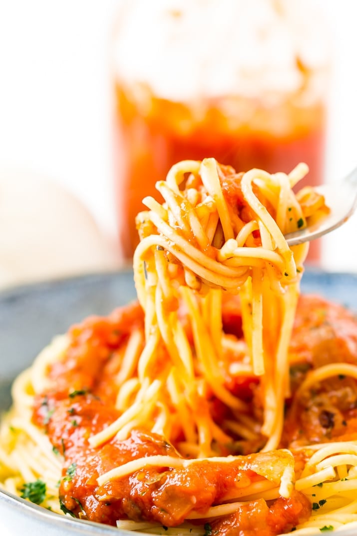 forkful of spaghetti and pomodoro sauce