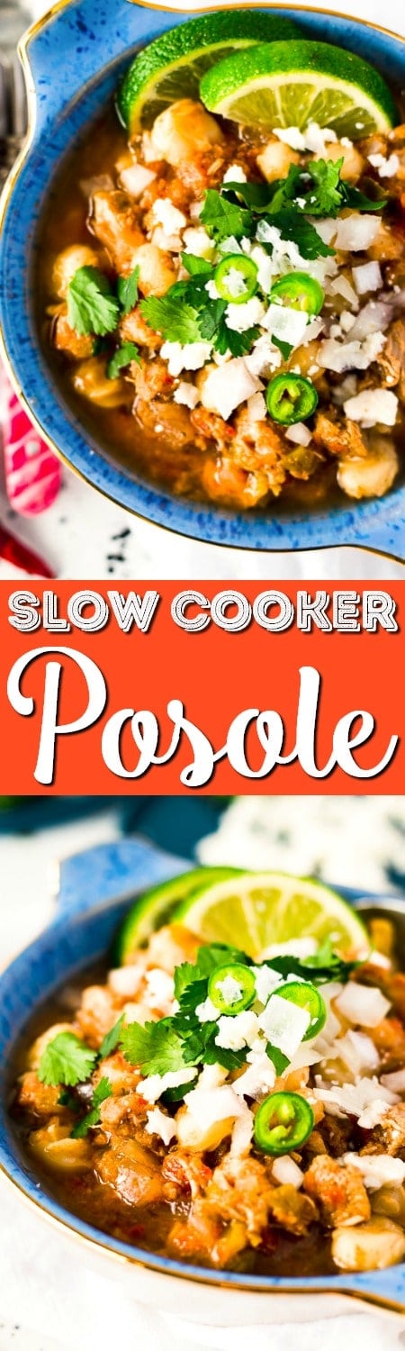 This Slow Cooker Posole (or Pozole) is a traditional Mexican stew made with hominy and pork and a flavorful broth that's super easy to make!