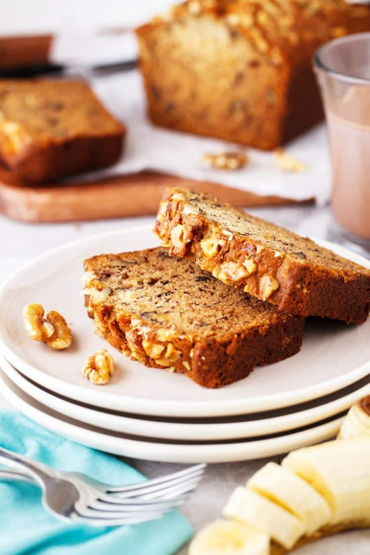 Slices of banana bread on white plate