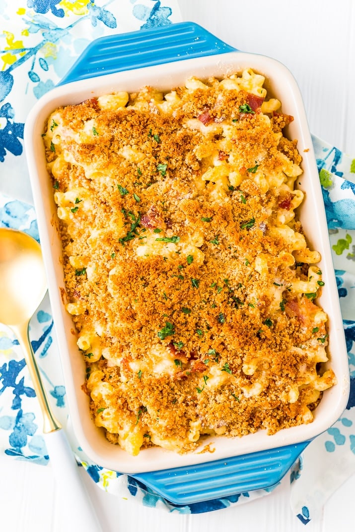 This Three Cheese Bacon Mac and Cheese is loaded up with crispy baked bacon and three different kinds of cheese, it's to die for!