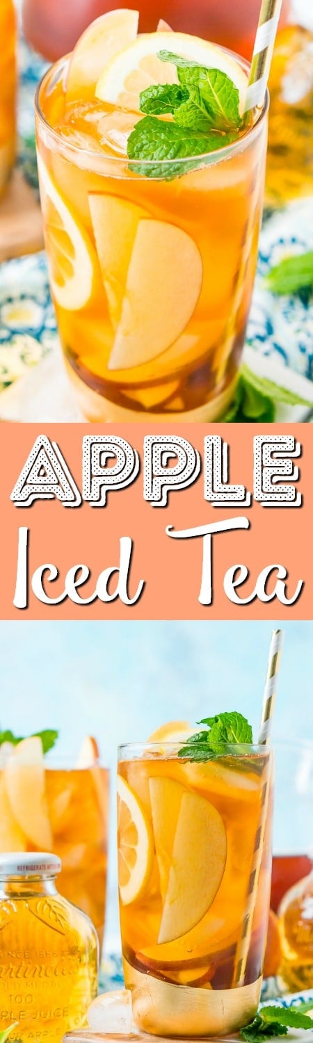 This Homemade Apple Iced Tea is made with freshly brewed black tea, sweet apple juice, fresh apple slices, and a squeeze of lemon for a refreshing summer drink that's easy to make. This flavored iced tea is naturally sweetened by the fruit juice and great for a party!