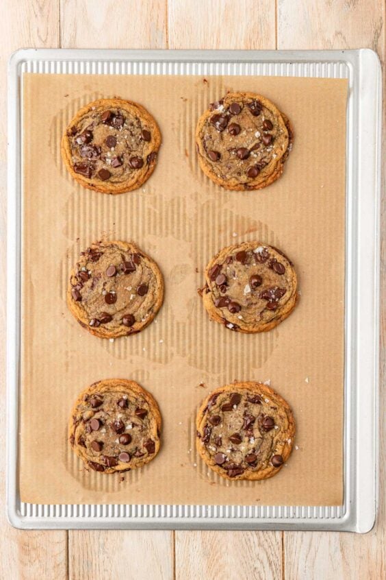 Chocolate chip cookies baked on a baking sheet.