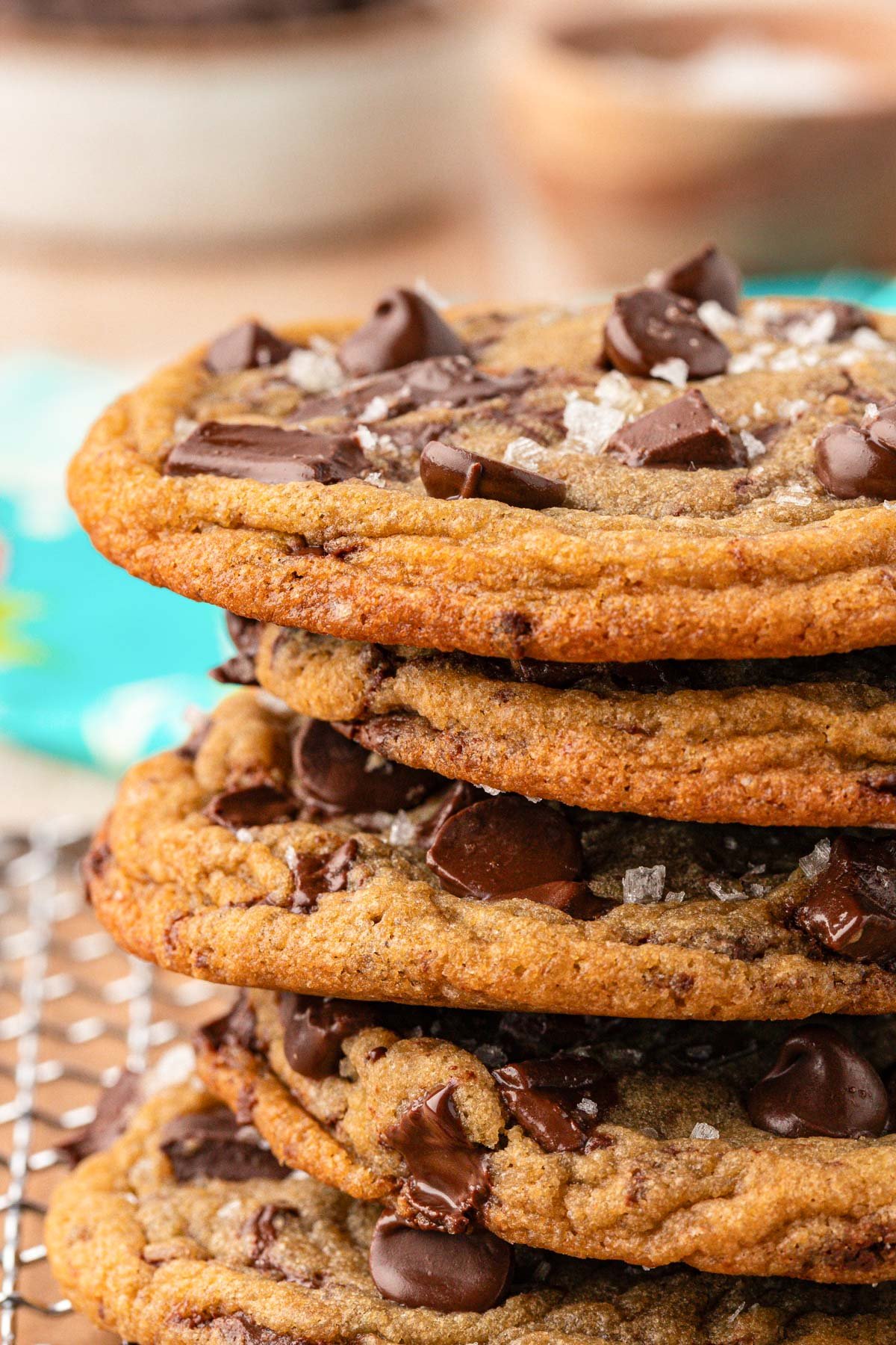 Close up of a stack of chocolate chip cookies.