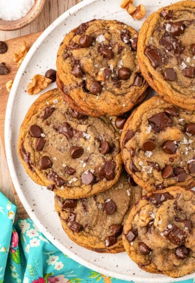 Overhead photo of toll house cookies on a plate.