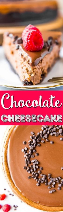 This is without a doubt the best triple chocolate cheesecake recipe you'll ever eat! Silky-smooth, creamy chocolate cheesecake is nestled in a chocolate cookie base, then garnished with a perfect dark chocolate ganache and a sprinkle of chocolate chips - whipped cream optional!