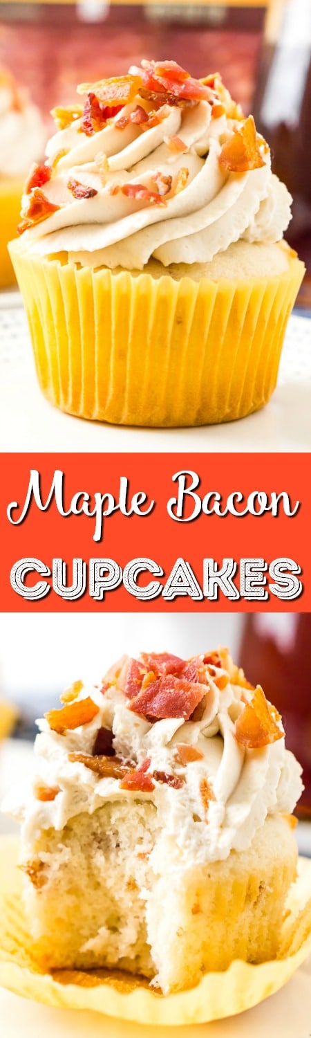 Coffee Maple Bacon Cupcakes consist of maple-infused vanilla cupcakes loaded with pieces of freshly cooked bacon. These treats are topped with a generous swirl of coffee-flavored whipped cream!