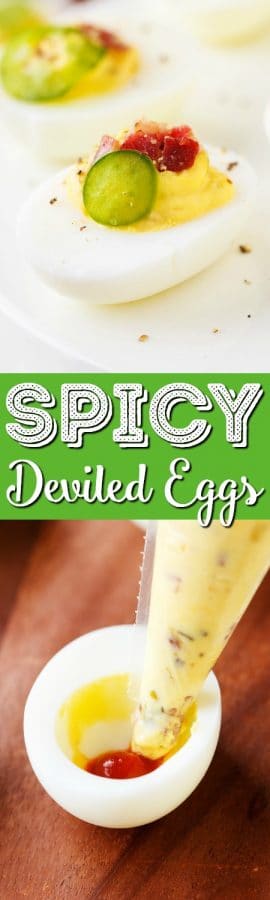 Spicy Deviled Eggs are made with mayo, mustard, relish, sriracha, jalapeño, and bacon. This easy recipe is the perfect snack to serve at summertime barbecues and cookouts!