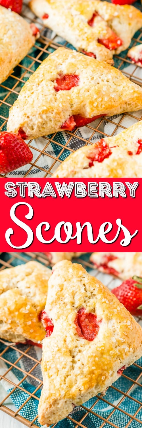 These Strawberry Scones are loaded with fresh, juicy berries and a hint of lemon zest. They're simple to make and a classic breakfast or light treat for spring and summer! via @sugarandsoulco