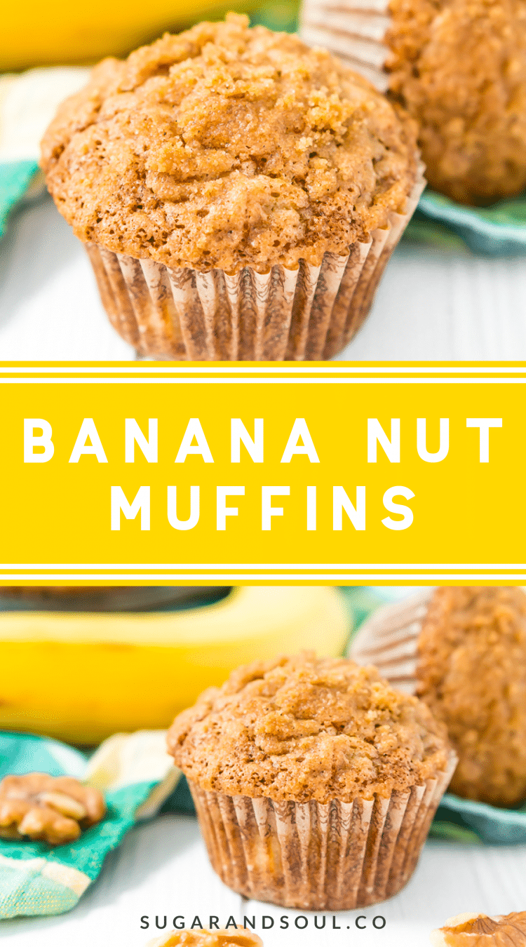 These Banana Muffins are loaded with crunchy walnuts and sweet cinnamon, then topped with a sugary crumble no one can resist!