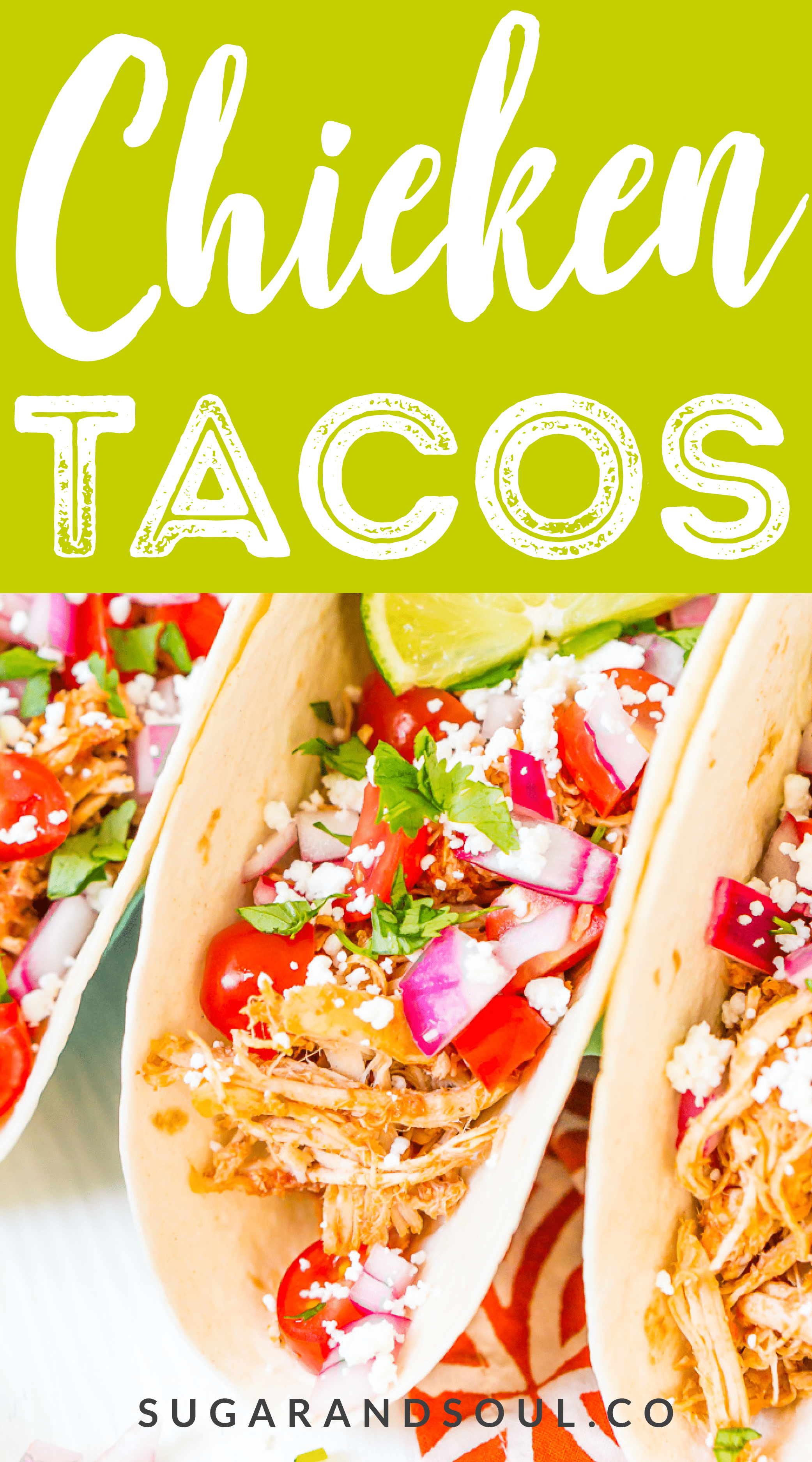 These Shredded Chicken Tacos are an easy and flavorful dinner to enjoy with friends and family. The chicken is loaded with spices and topped with fresh veggies and cheese all wrapped in a soft flour tortilla. via @sugarandsoulco