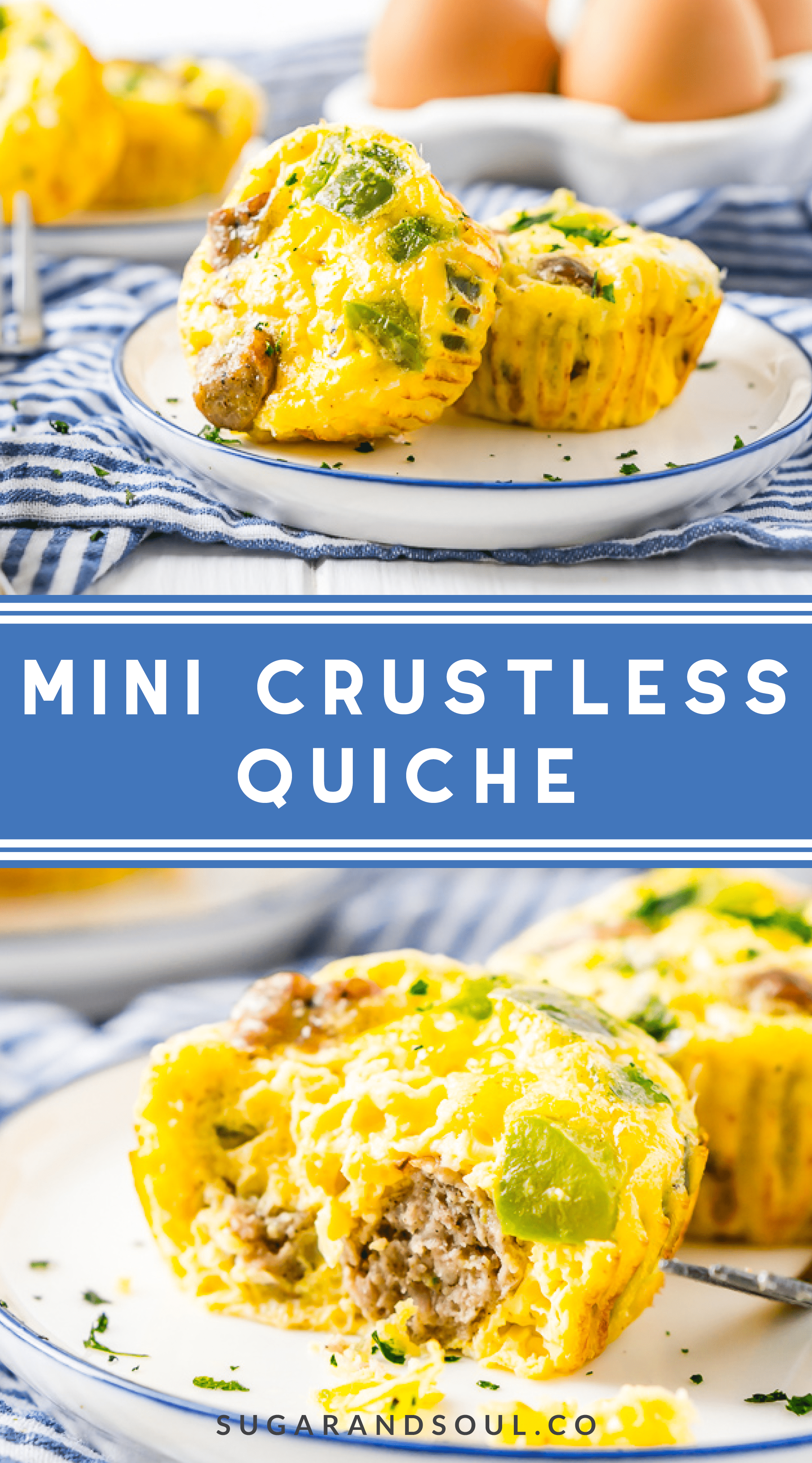 This Crustless Mini Quiche Recipe made with eggs, sausage, green peppers, and cheese are perfect for quick weekday breakfasts or weekend brunch! Make them ahead of time and freeze them for when you want them! via @sugarandsoulco