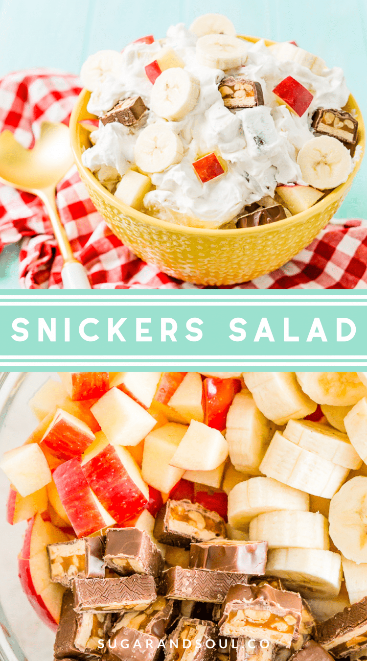 This Snickers Salad is an easy and addictive 4-ingredient no-bake dessert salad made with Snickers, banana, apples, and Cool Whip!