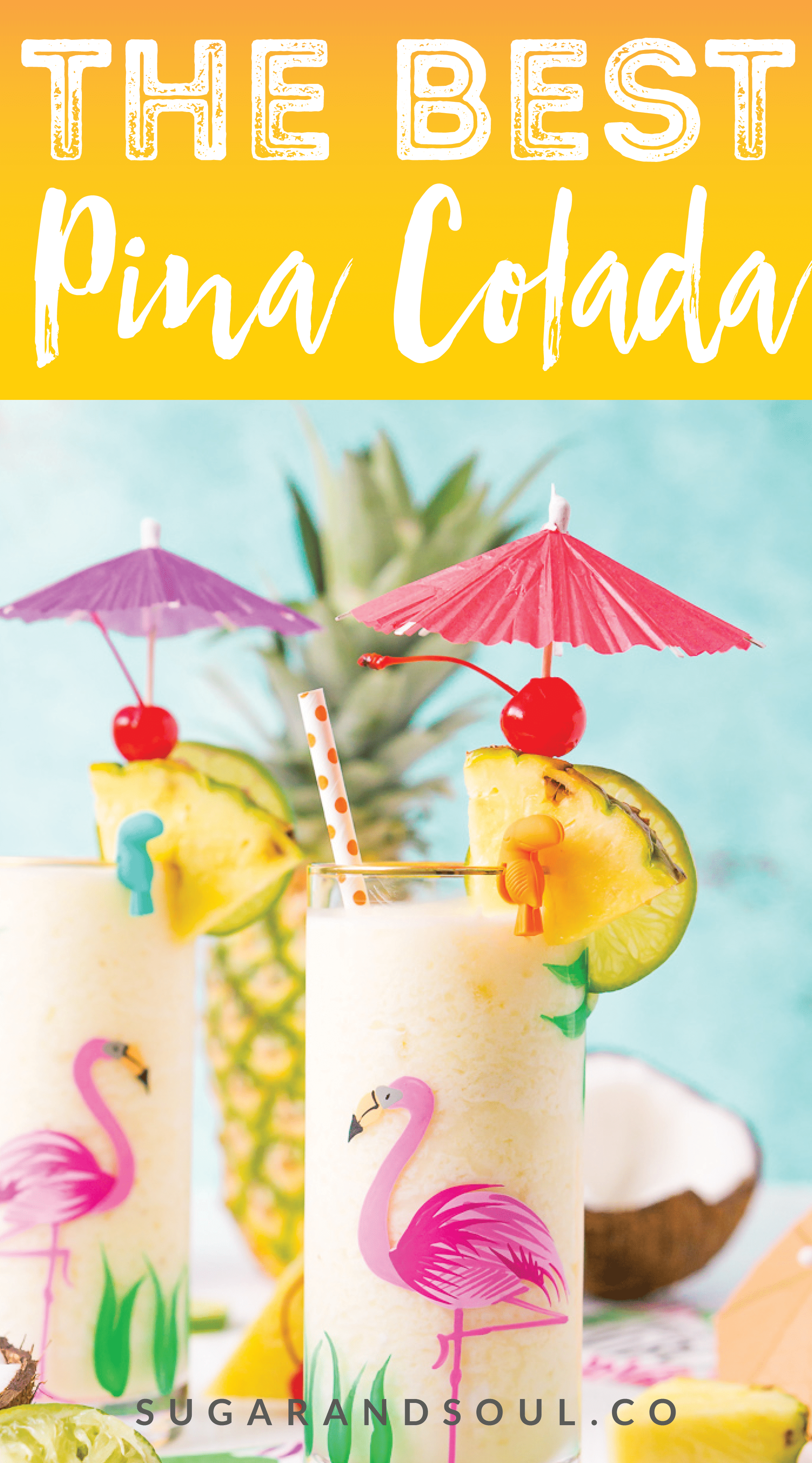 This Pina Colada recipe is a deliciously fruity and frozen drink made with creamy coconut and sweet pineapple and zesty lime juice. Add rum to make things lively or keep it virgin for the whole family to enjoy! via @sugarandsoulco