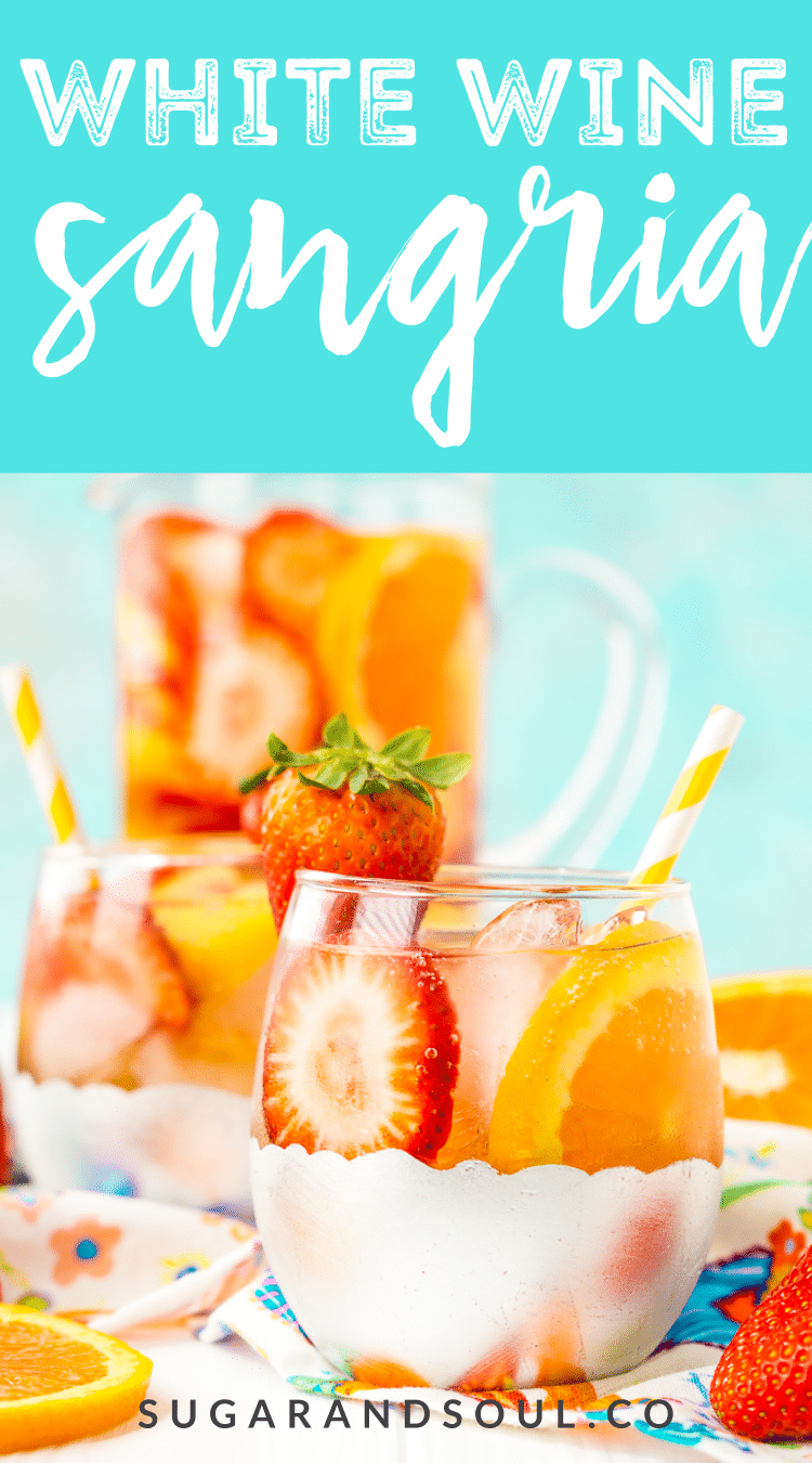 This White Wine Sangria recipe is made with juicy strawberries, oranges, and peaches as well as sweet simple syrup, apricot brandy, and a splash of club soda or seltzer! It's an easy and refreshing summer wine cocktail.