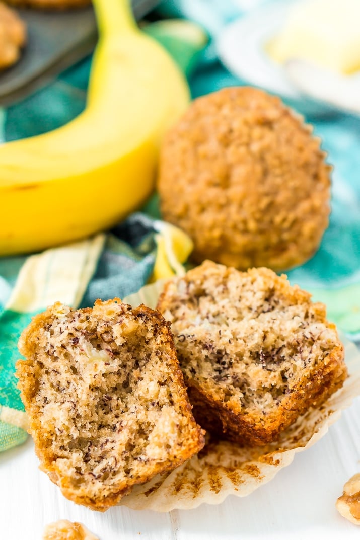 These Banana Muffins are loaded with crunchy walnuts and sweet cinnamon, then topped with a sugary crumble no one can resist!
