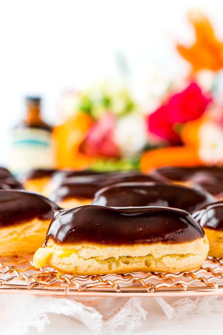 The Eclair is a classic French pastry traditionally made with choux dough, pastry cream filling, and dipped in a rich chocolate glaze. They're a fancy dessert that's easy to make at home!