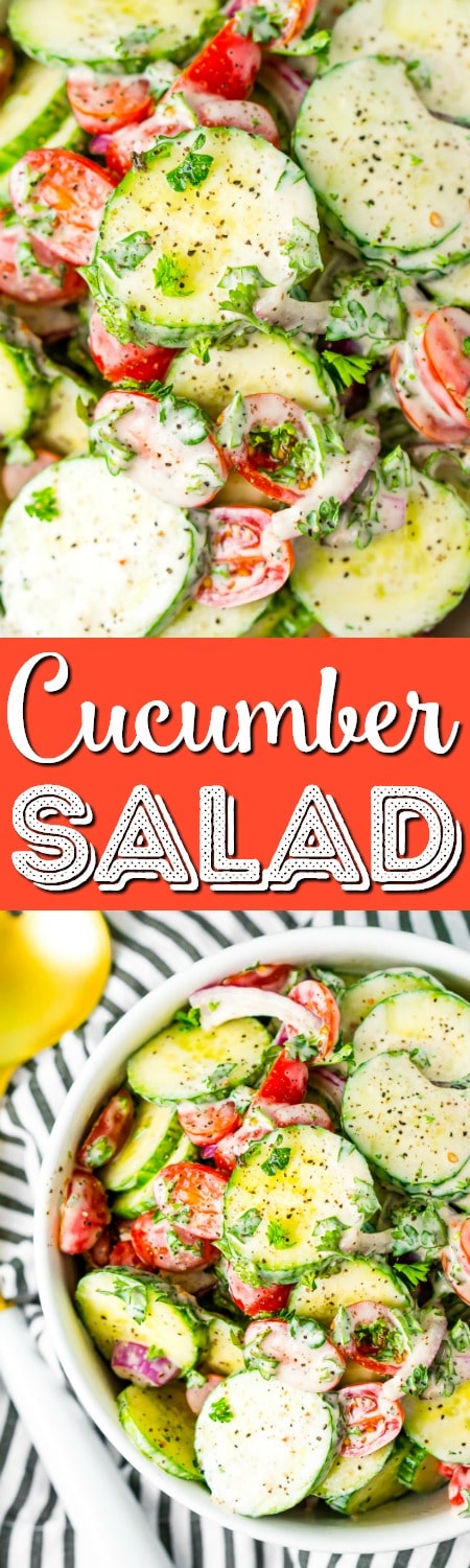 This Cucumber Tomato Salad is a simple and refreshing side dish that can be made with a creamy Italian dressing or a vinegar dressing. via @sugarandsoulco