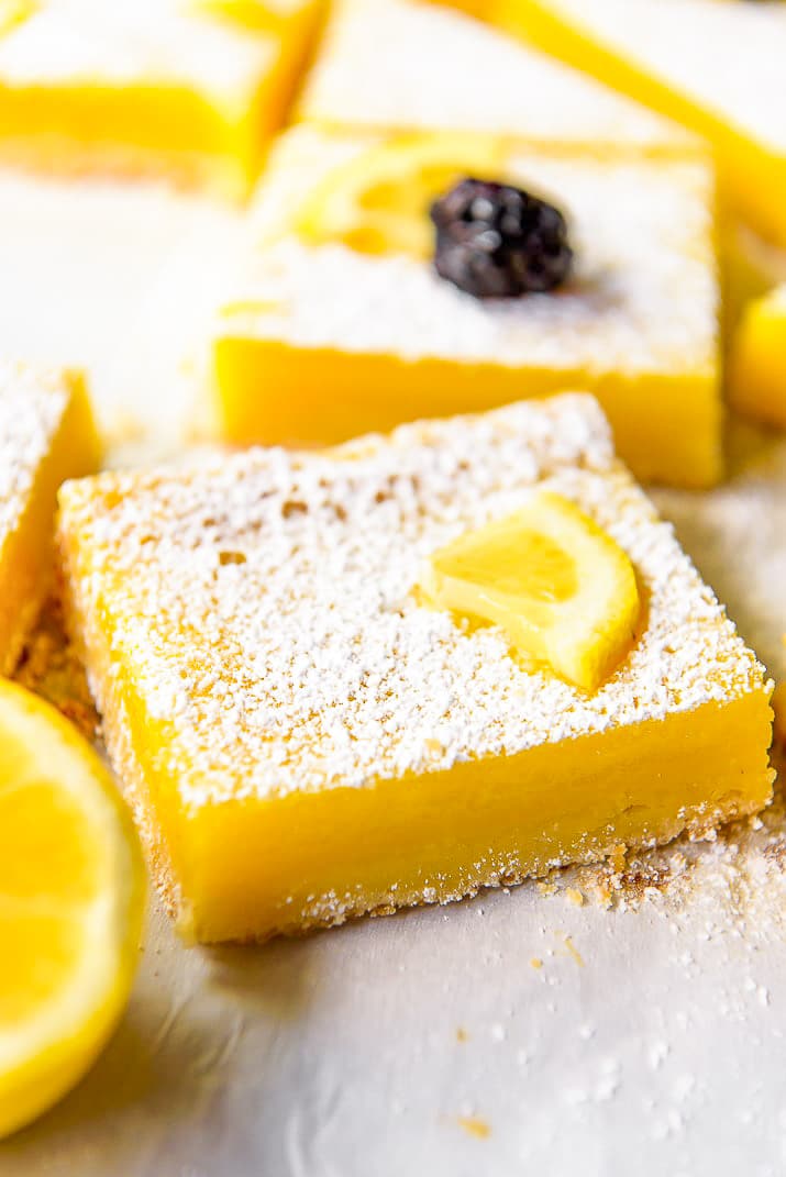 Tart lemon custard & subtly sweet shortbread make these bright and tasty Lemon Bars the perfect summer treat! These highly portable dessert bars can be cut to any size you need, and are great for all your picnics in the park, outdoor barbecues, and pool parties all season long.