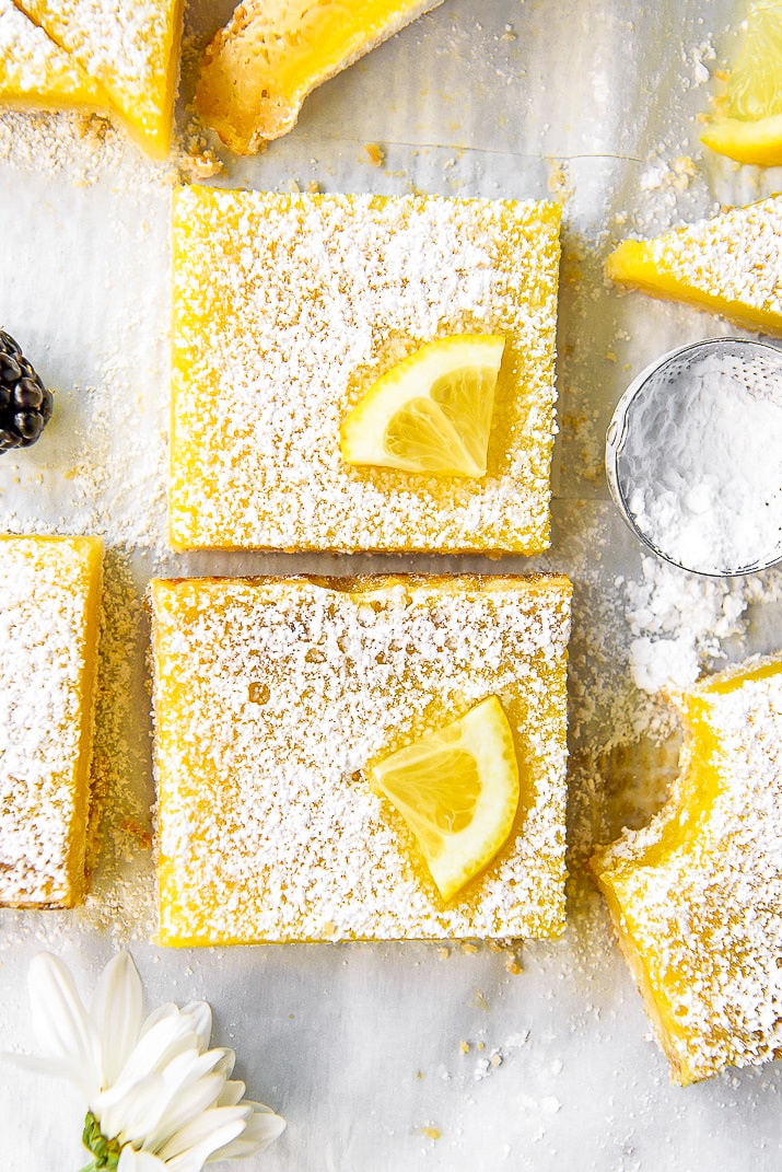 Tart lemon custard & subtly sweet shortbread make these bright and tasty Lemon Bars the perfect summer treat! These highly portable dessert bars can be cut to any size you need, and are great for all your picnics in the park, outdoor barbecues, and pool parties all season long.