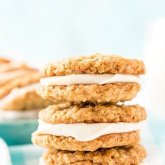 These Oatmeal Cream Pies are soft and chewy just like the ones you grew up with. Sweet oatmeal cookies sandwich a creamy vanilla filling for an easy and delicious dessert!