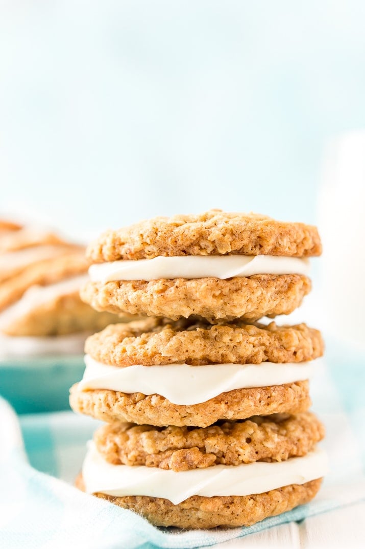 These Oatmeal Cream Pies are soft and chewy just like the ones you grew up with. Sweet oatmeal cookies sandwich a creamy vanilla filling for an easy and delicious dessert!