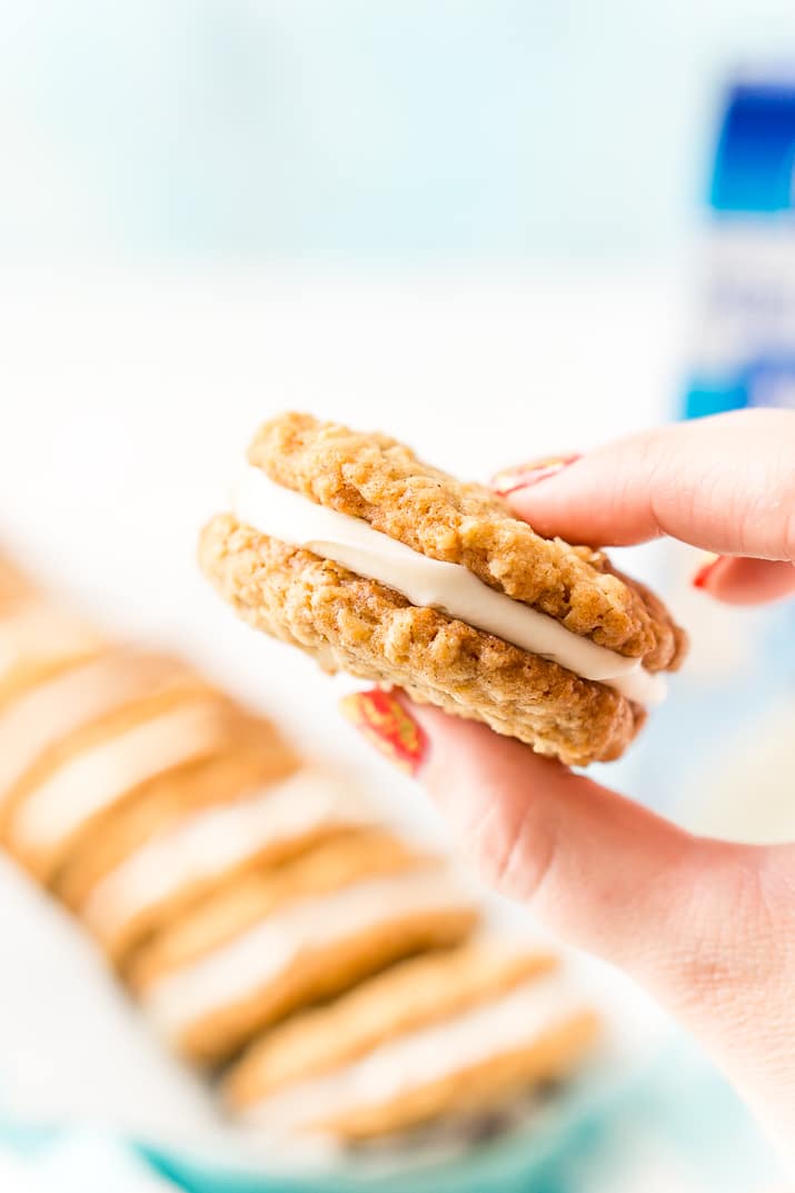 These Oatmeal Cream Pies are soft and chewy just like the ones you grew up with. Sweet oatmeal cookies sandwich a creamy vanilla filling for an easy and delicious dessert!