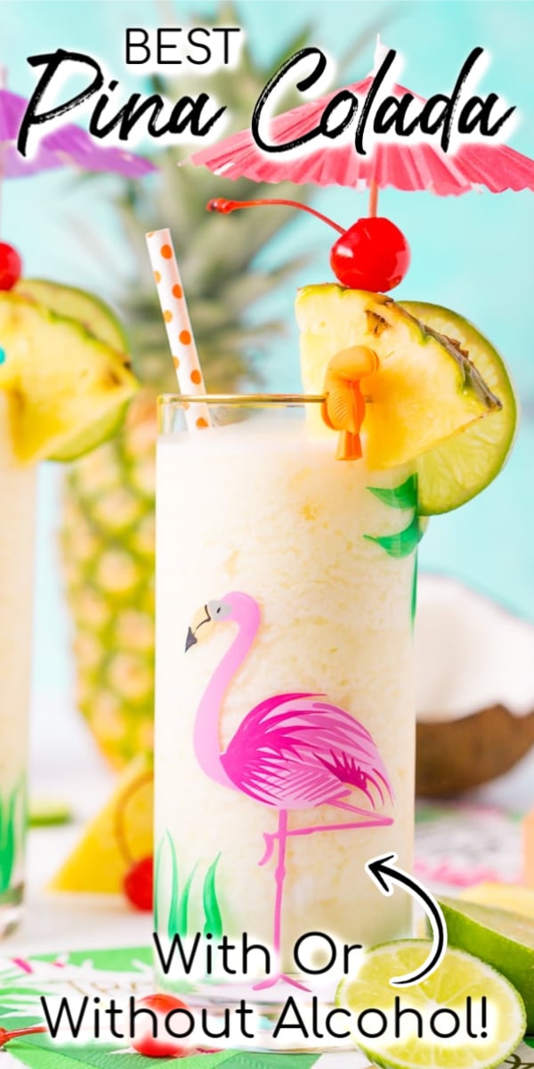 This Pina Colada recipe is a deliciously fruity and frozen drink made with creamy coconut and sweet pineapple and zesty lime juice. Add rum to make things lively or keep it virgin for the whole family to enjoy! via @sugarandsoulco