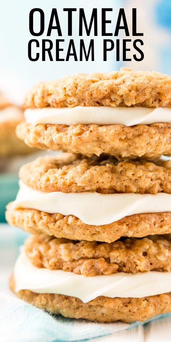 These Oatmeal Cream Pies are soft and chewy just like the ones you grew up with. Sweet oatmeal cookies sandwich a creamy vanilla filling for an easy and delicious dessert! via @sugarandsoulco