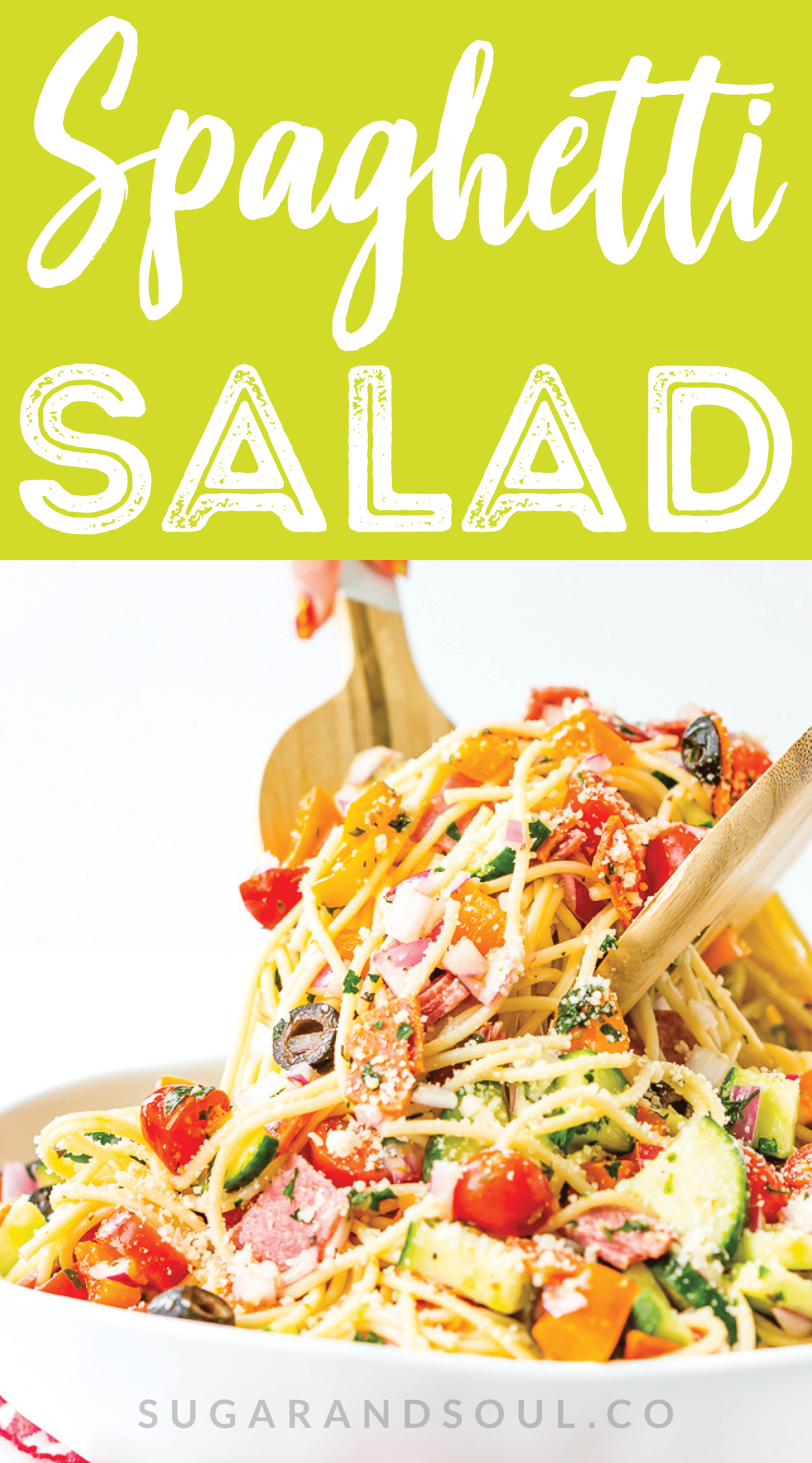 Spaghetti Salad is loaded with veggies, pepperoni, and salami, then tossed in an oil and vinegar dressing. Topped with a sprinkle of parsley and lots of Parmesan cheese, it’s a perfect summer meal or side dish! via @sugarandsoulco