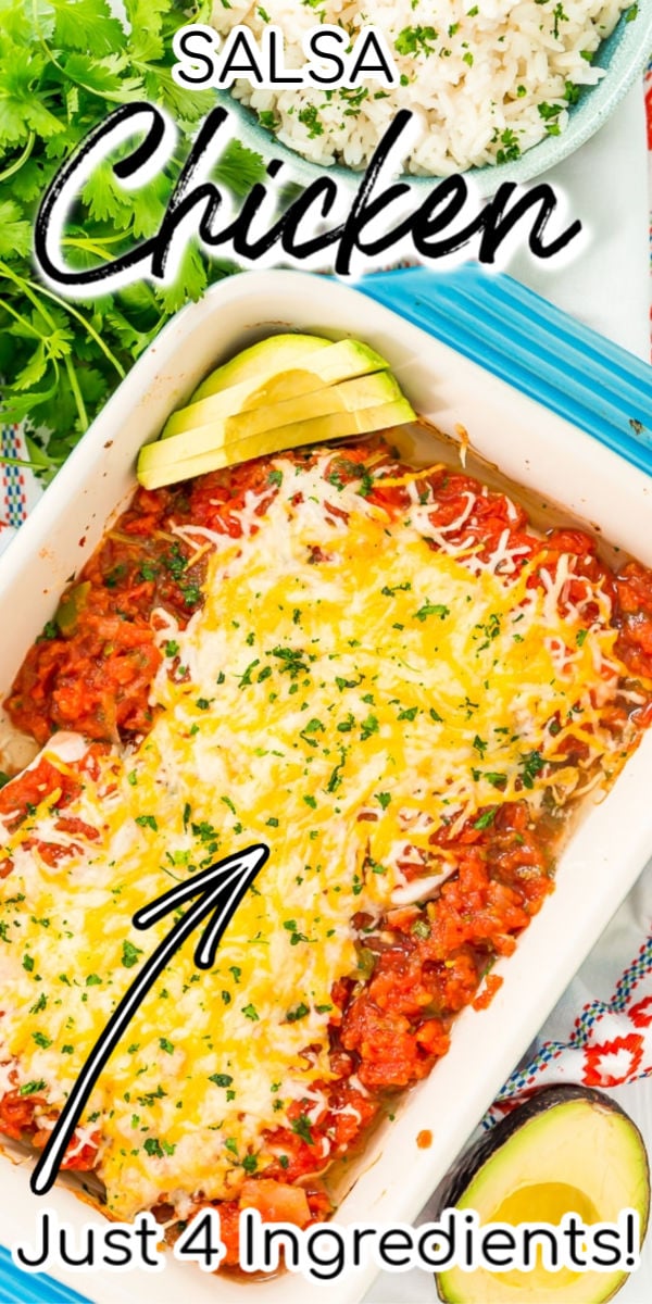 This Salsa Chicken Bake is a mouthwatering and easy dinner recipe that's made with just 4 ingredients and ready in less than 45 minutes! It's loaded with flavor and made with just chicken, taco seasoning, salsa, and cheese! via @sugarandsoulco
