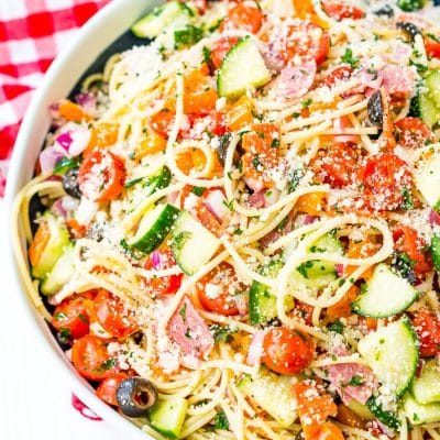 Bowl filled with spaghetti salad.