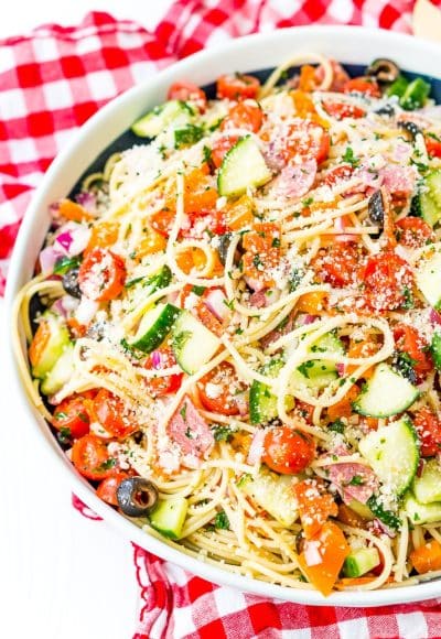 Bowl filled with spaghetti salad.