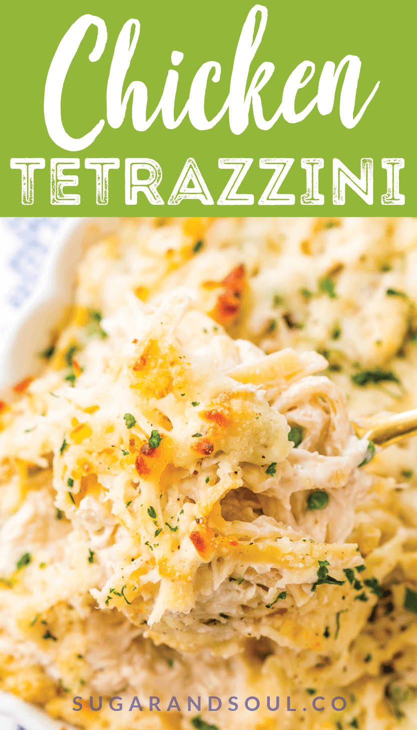 Chicken Tetrazzini recipe is an easy, cozy, and delicious casserole dish! Fettuccine, chicken, mushrooms, and peas are baked into a creamy cheese sauce with tons of flavor! It's an instant family favorite! via @sugarandsoulco