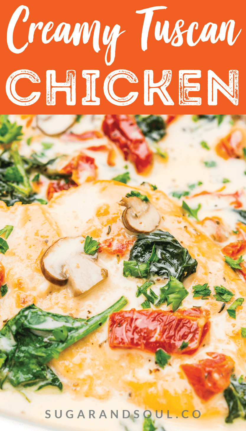 Creamy Tuscan Chicken is a gourmet homemade meal that takes just 30 minutes! Made with chicken, sundried tomatoes, spinach, mushrooms, spices, cheese, and heavy cream, this is a perfect family-friendly recipe to whip up on any night of the week. via @sugarandsoulco