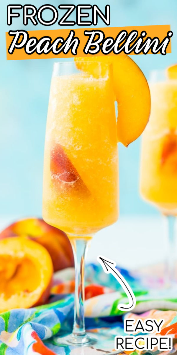 This Peach Bellini Slushies recipe is a frozen take on the classic brunch cocktail! Made in the blender with just 4 ingredients, this easy champagne cocktail is a refreshingly boozy beverage to enjoy all summer.  via @sugarandsoulco