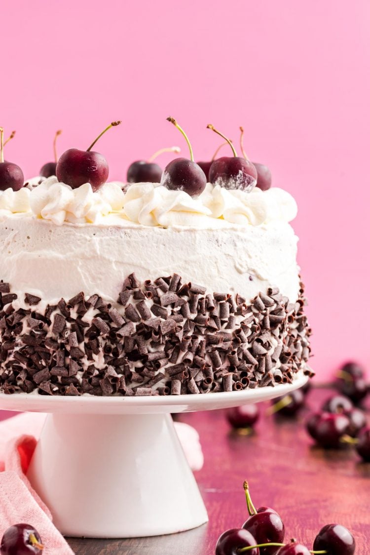Close up photo of a black forest cake on a white cake stand with cherries scattered around.