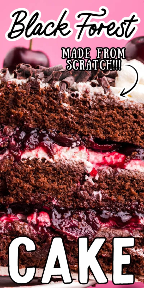 Black Forest Cake has a decadent chocolate cake that's filled with an authentic cherry filling and topped with sweet homemade whipped cream! This classic German dessert bakes in just 25 minutes! via @sugarandsoulco