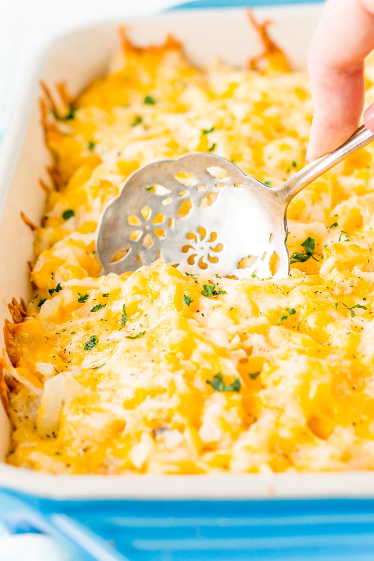 This Hashbrown Casserole will be an instant hit with the family! Made with hashbrown potatoes, cheddar and Colby Jack cheeses, cream of chicken soup, and a whole lot of butter. This gooey breakfast or side dish will have everyone begging for more!