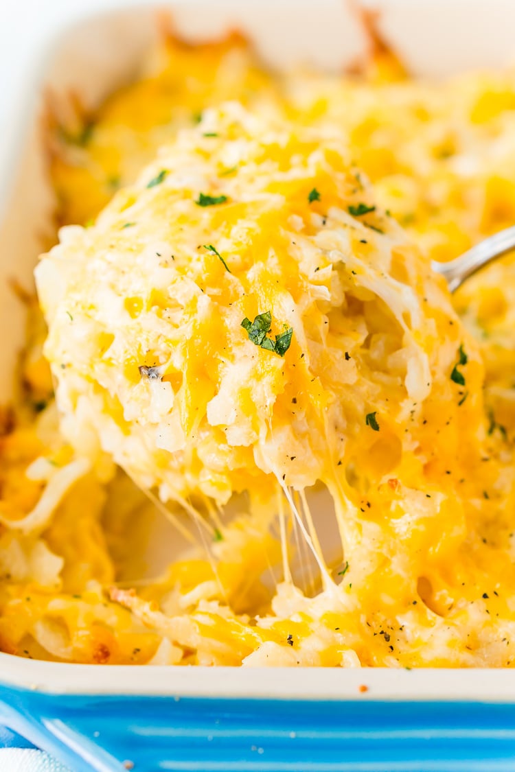 This Hashbrown Casserole will be an instant hit with the family! Made with hashbrown potatoes, cheddar and Colby Jack cheeses, cream of chicken soup, and a whole lot of butter. This gooey breakfast or side dish will have everyone begging for more!