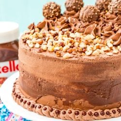 This Nutella Cake is a rich and indulgent dessert highlighting the delicious blend of chocolate and hazelnut! A moist chocolate cake coated in a decadent Nutella frosting and topped with Ferrero Rocher candy and chopped hazelnuts.