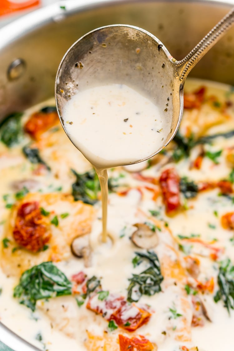 Creamy Tuscan Chicken is a gourmet homemade meal that takes just 30 minutes! Made with chicken, sundried tomatoes, spinach, mushrooms, spices, cheese, and heavy cream, this is a perfect family-friendly recipe to whip up on any night of the week.