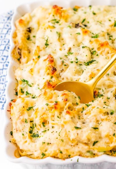 This Chicken Tetrazzini recipe is an easy, cozy, and delicious casserole dish! Fettuccine, chicken, mushrooms, and peas are baked into a creamy cheese sauce with tons of flavor! It's an instant family favorite!