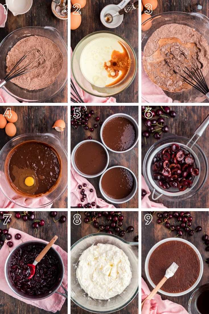 Step-by-step photo collage showing how to make black forest cake from scratch.