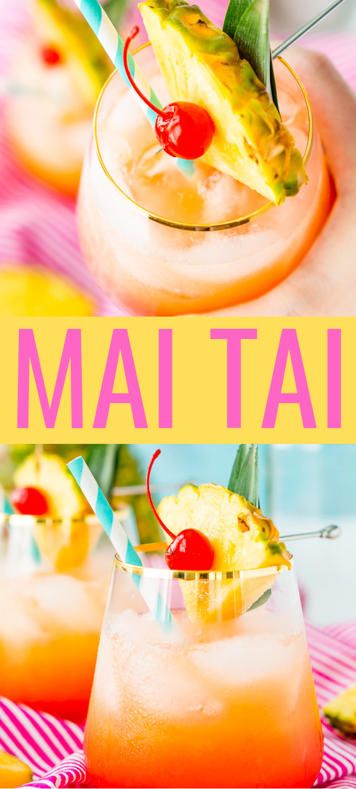 A Mai Tai is a boozy blend of coconut and spiced rum, triple sec, orange and pineapple juices, and a splash of grenadine. Mix up a batch for a taste of the tropics to enjoy with friends and family this summer. via @sugarandsoulco